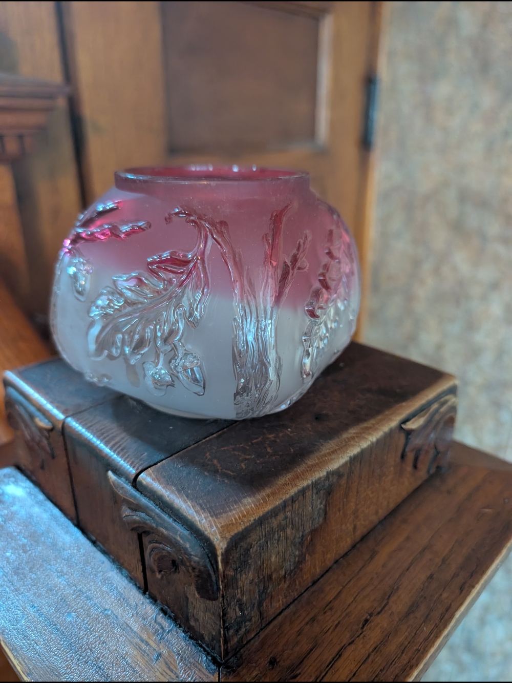 Antique Royal Oak Leaf Rubina Cranberry Frosted Satin Glass by Northwood Co 1890